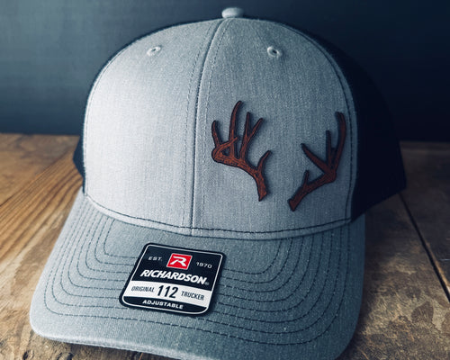 Custom Antler Hat Patch – Hand Traced Deer Antlers on Leather | Richardson 112 Trucker Cap